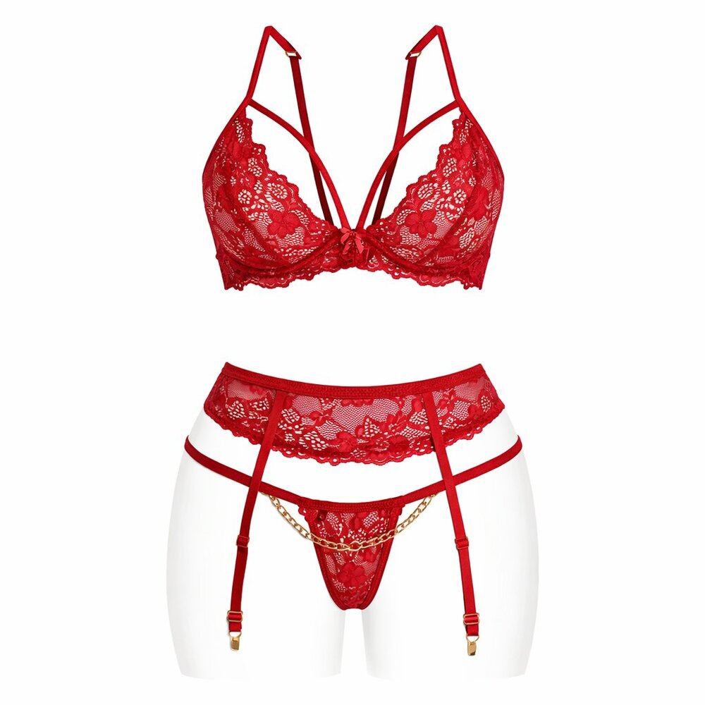 New Red 3 piece lingerie set  Lace lingerie set Comes with Bra , Panties , Garte